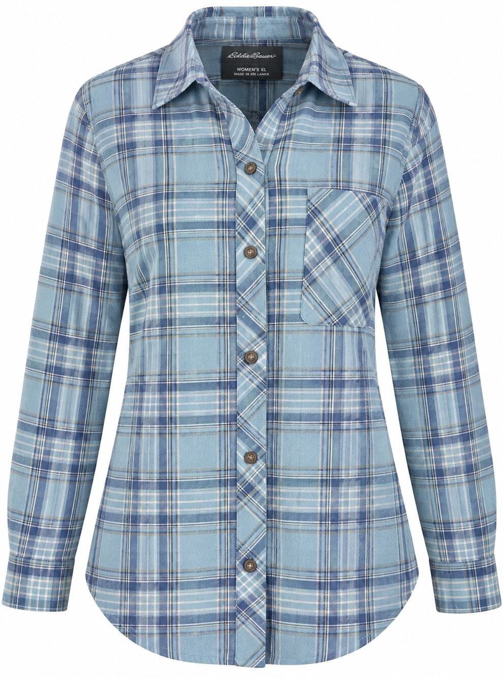 Eddie Bauer Women’s XL Twin Falls 2.0 Flannel Shirt Peak Blue Plaid ButtonUp NWT